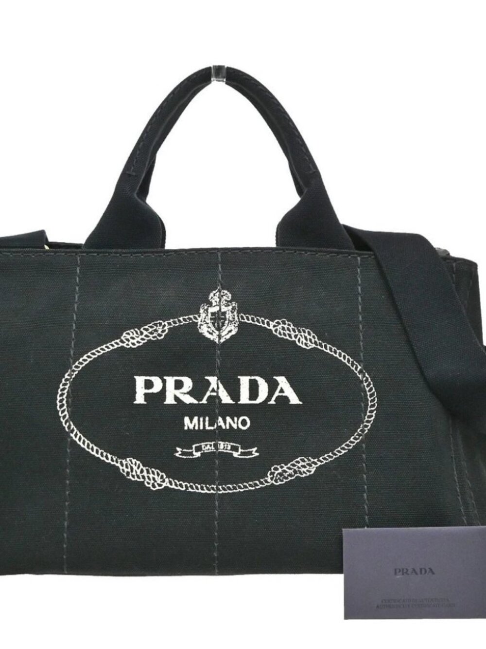PRADA Logo Canapa 2Way Shoulder Hand Bag Canvas Leather Black GHW Italy 10RQ162